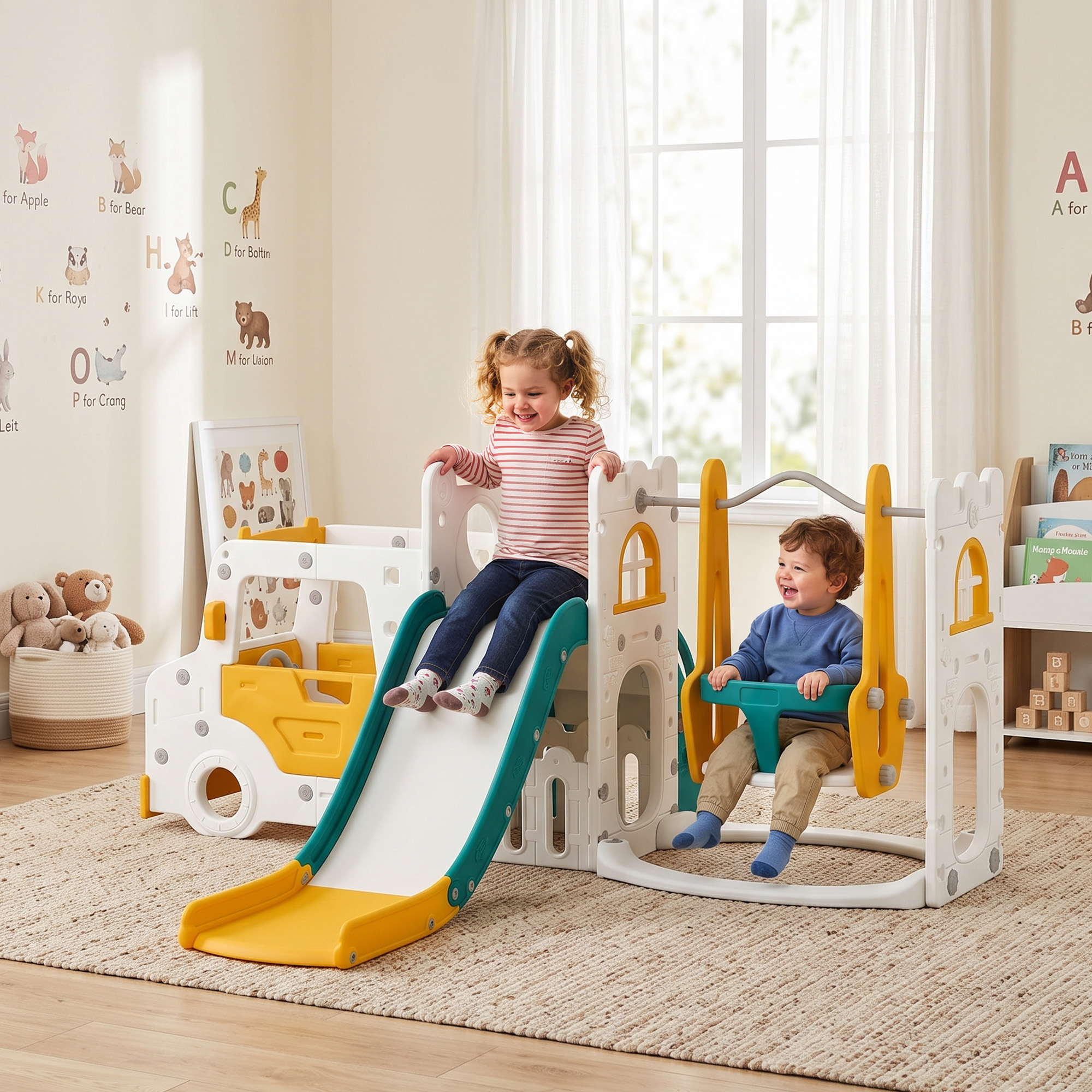 Aiyaplay 7 in 1 Set Scivolo Bambini con Altalena, Tema Auto, Scaletta, Tunnel, Contenitore e Gradini Antiscivolo, Bianco   Aosom Italy