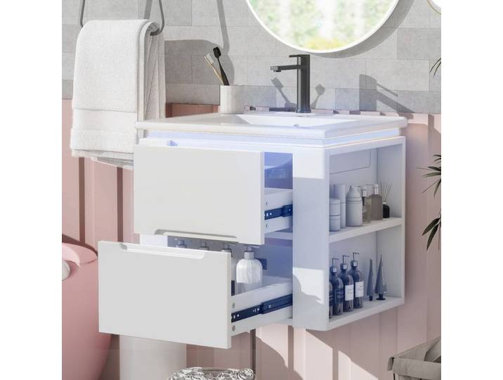 Luscriate - Meuble lavabo salle de bain suspendu avec Capteur LED Meuble sous lavabo capteur tiroirs rangement 60x46x50cm Blanc