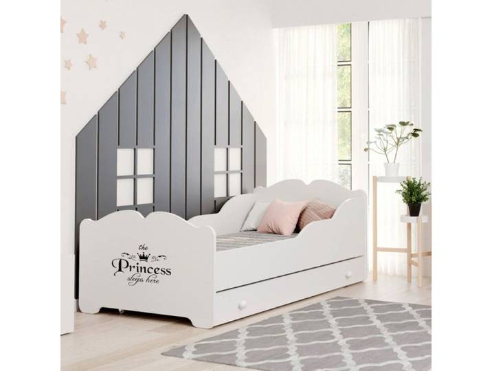 Lit enfant ANNA 140x70 blanc avec tiroir sommier matelas et inscription  Princesse endormie