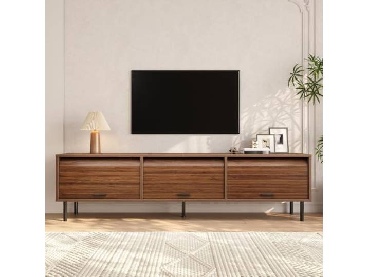 QQJIN 180cm TV-Lowboard mit DREI Aufschiebbaren Türen, Spanplatte Und MDF Lowboard Stehend mit Vertikaler Rillenstruktur, Drei Fächern, Schwarzen Griffen, Fernsehbank Für Wohnzimmer