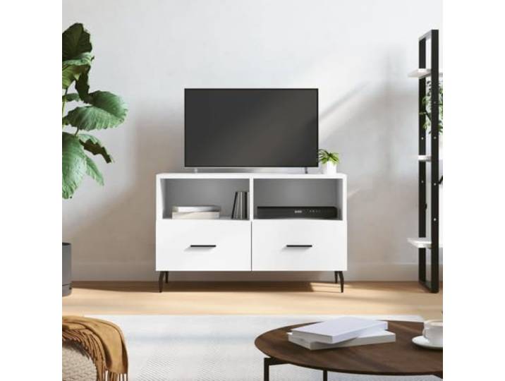 HEFZGDB TV-Schrank Weiß 80x36x50 cm Holzwerkstoff mit 2 Fächern und 2 Schubladen, robuster Medienregal mit Eisenbeinen für Stauraum und stabile Präsentation, moderner