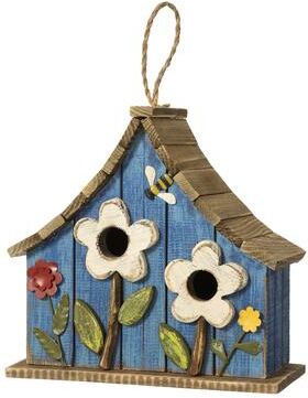 "Glitzhome 10.5""H Distressed Solid Wood Birdhouse with 3D Flowers - 10.5"""