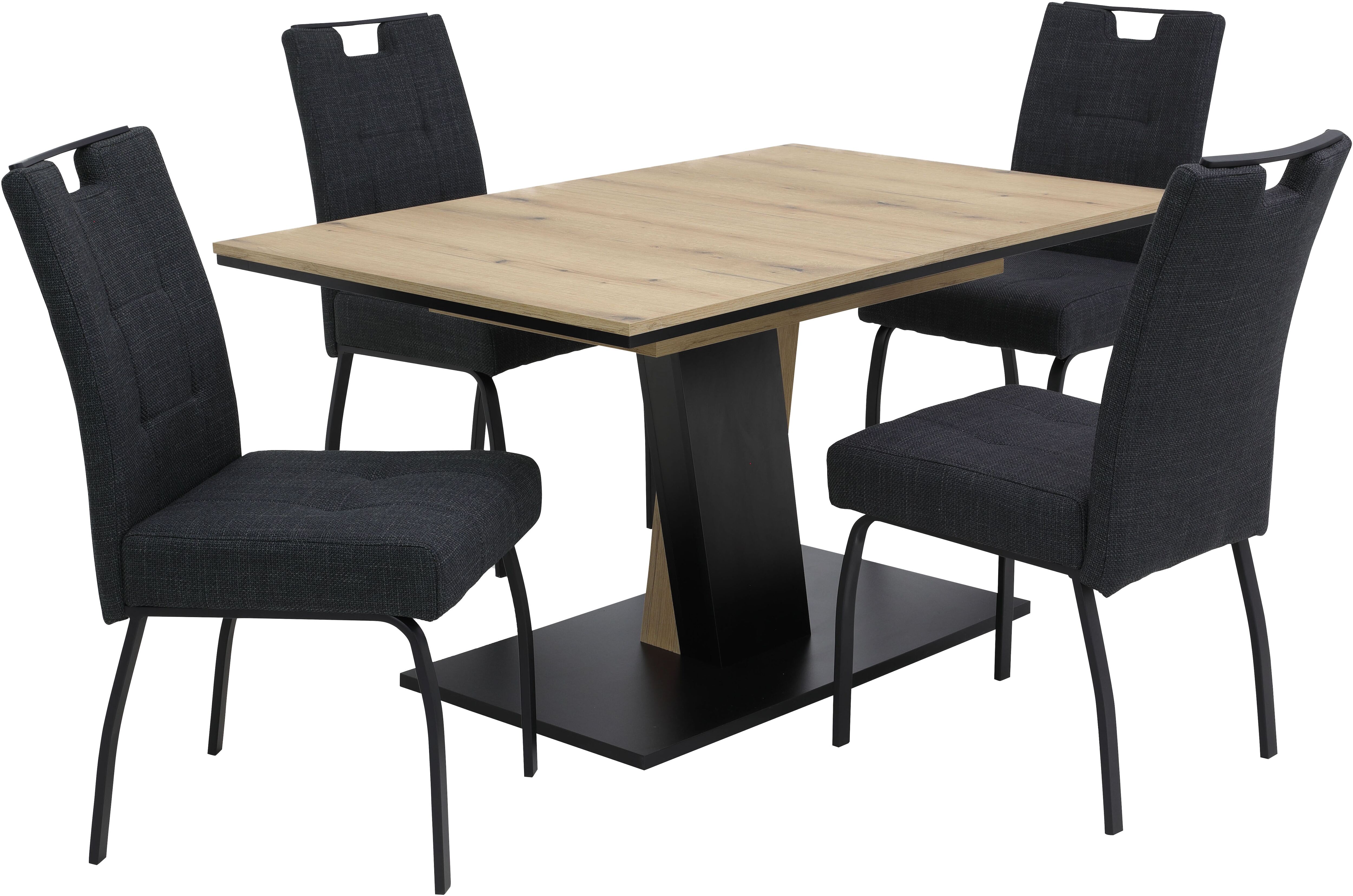 Essgruppe HELA "EBRO", grau (evoke eiche, schwarz, beige, anthrazit, schwarz), Microfaser Webstoff, Synchron-Auszug, Evoke Eiche/Anthrazit, 100% Polyester, Sitzmöbel-Sets, Essgruppe, Mit Synchronauszug, Vierfußstuhl XL Sitzbreite, Federkorb, Griff