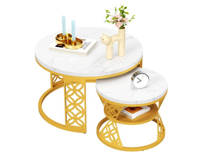 Modfu Couchtisch 2-teiliges Set Nesting Satztisch 70x70x45 cm + 45x45x37 cm Weiß und Gold Kontrastfarbendesign, 70x45x70 cm, Wohnzimmer, Wohnzimmertische, Couchtische