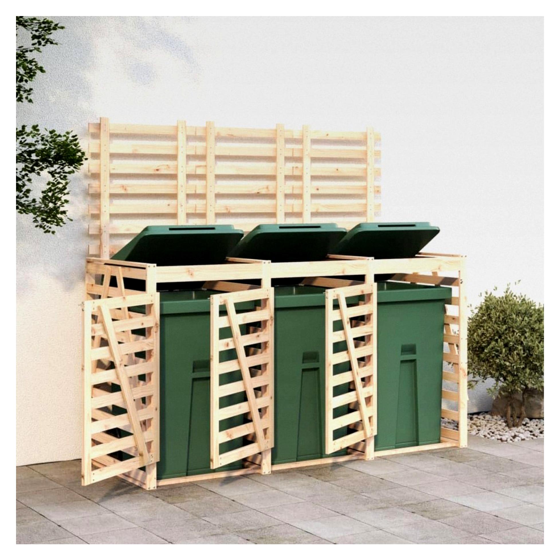 Mülltonnenunterstand für 3 Mülltonnen, mit Rollen, aus massivem Kiefernholz, Gartenschuppen, Abdeckung für Mülltonnen, Aufbewahrungstruhe für den Außenbereich