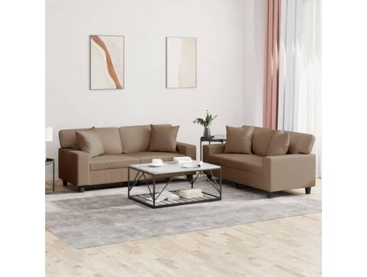pokgdf 2-TLG. Sofagarnitur mit Kissen Cappuccino-Braun Kunstleder Schmutzabweisend, Pflegeleicht, Stabiler Holzrahmen, Bequeme Polsterung, 110 kg Belastbarkeit pro Sitzplatz