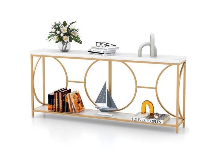 DREAMADE Table Console à 2 Niveaux en Faux Marbre Cadre Métallique Doré Longue Table de Canapé avec Étagère de Rangement Ouverte