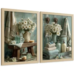 POSTER Set mit 2 dekorativen Badezimmer-Drucken, Shabby Chic Blumenposter für Wand, romantische Dekoration mit Blumen Leichter Holzrahmen A3