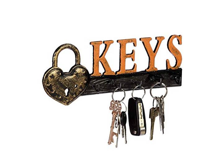 Relaxdays Panneau à clés\, 5 Crochets\, Cadenas & écriture Keys\, Fonte de Fer\, Vintage\, HLP 10x26x3 cm\, Orange/Noir