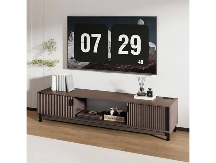 DSNAPE 178 cm TV Lowboard mit Steckdose & USB-Anschluss, Braun TV Board für Fernseher bis 80 Zoll, Modernes TV Schrank mit 2 Türen und Offenen Fächern