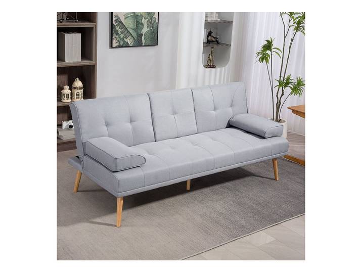 HOMCOM Schlafsofa Dreisitzer mit Bettfunktion, Einzelbett mit Kissen, Stoffsofa 1 Teile, Schlafsofa Schlafcouch 3 Sitzer Hellgrau