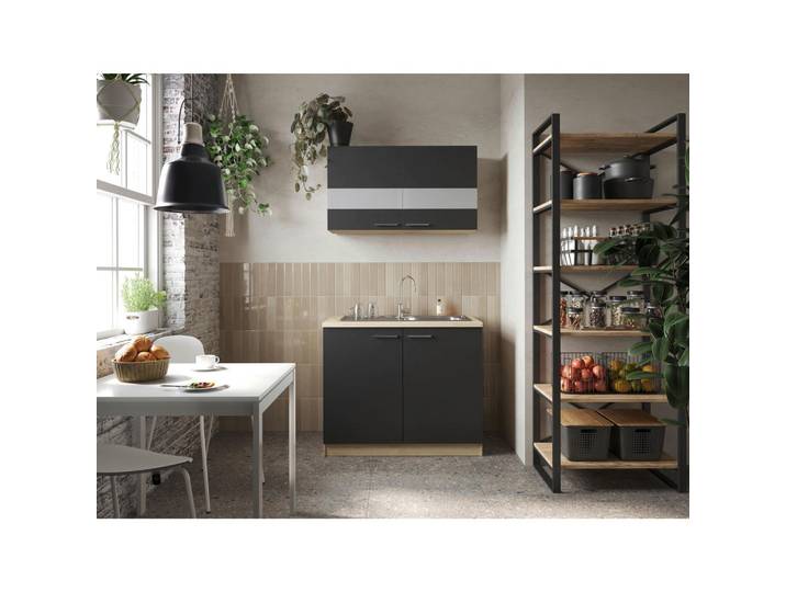 Miniküche, Schwarz & Eiche, 100 cm, Metall, Seitenverkehrt Montierbar & Individuell Planbar, Modern