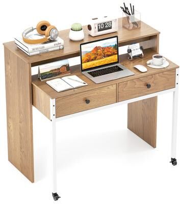 Costway Extendable Computer Desk with Pull Out Secondary Desk-Natural