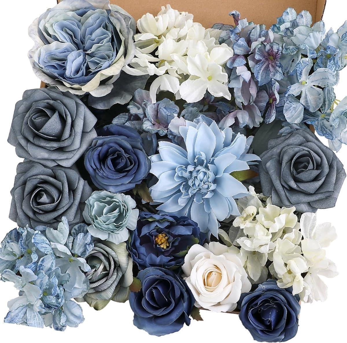 Kunstbloemen Combo Bloemstuk Set Wit Blauw - 18 Stuks
