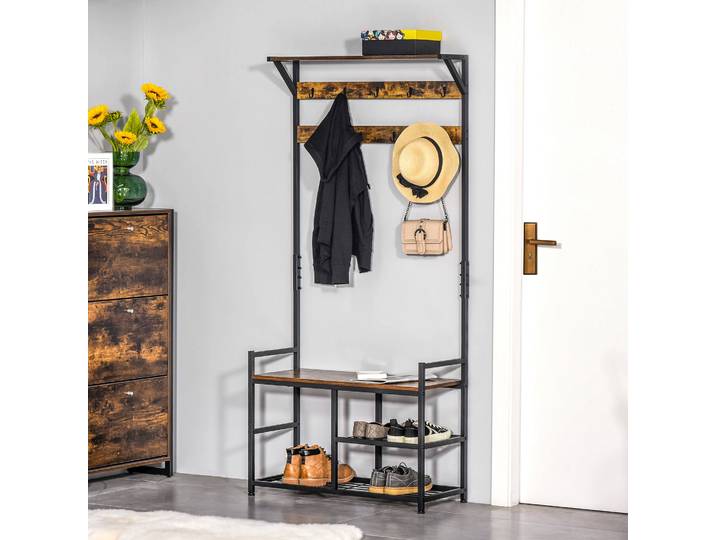 HOMCOM Meuble Entrée Porte-Manteau Banc Marron/Noir