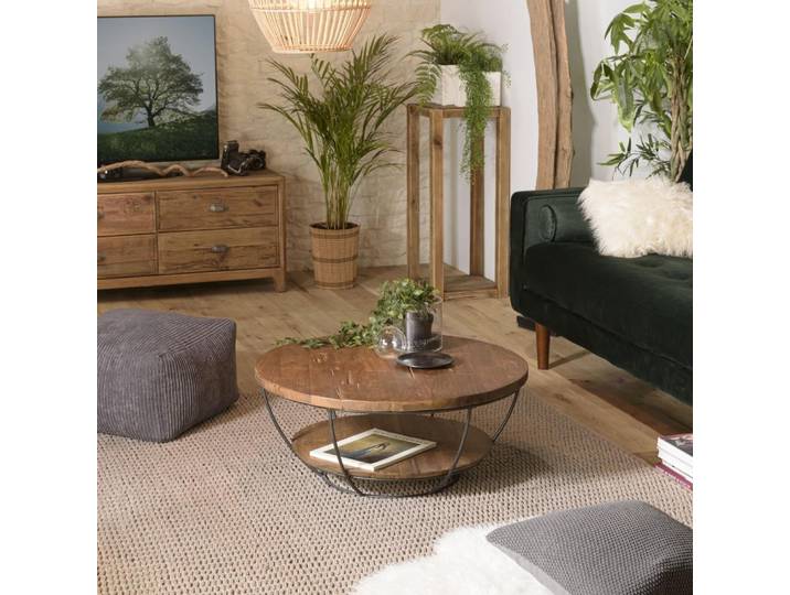 SIXTINE - Table basse ronde 80x80cm double plateau bois teck recyclé noir