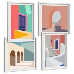 BILDER SET 4er Set - 50x50 cm & 40x60 cm Weißer Rahmen - Farbenfrohe moderne Gebäude