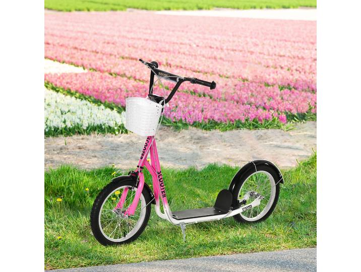 HOMCOM Trottinette patinette Enfant Grandes Roues pneumatiques Guidon réglable Frein AV-AR Garde-Boue béquille Panier métal Rose Blanc
