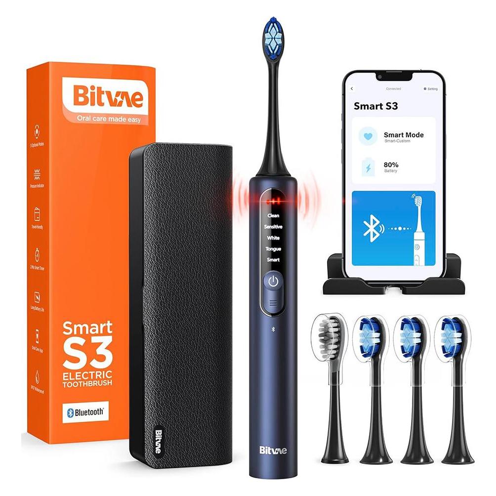 Bitvae Sonic toothbrush with app, tips set, travel case and toothbrush holder S3 (black) (S3 blue plus)