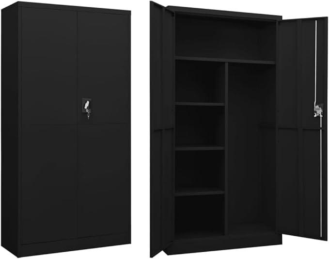 Schließfachschrank Schwarz 90x40x180 cm aus Stahl mit 4 Einlegeböden für Büro, Lager, Homeoffice, abschließbar, mit Flügeltüren, robust, langlebig, vielseitig nutzbar, sichere Aufbewahrung