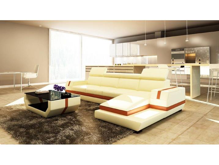 JVmoebel Ecksofa Beige Polster Ecken-Couch aus Leder mit Kopfkissen, Made in Europa