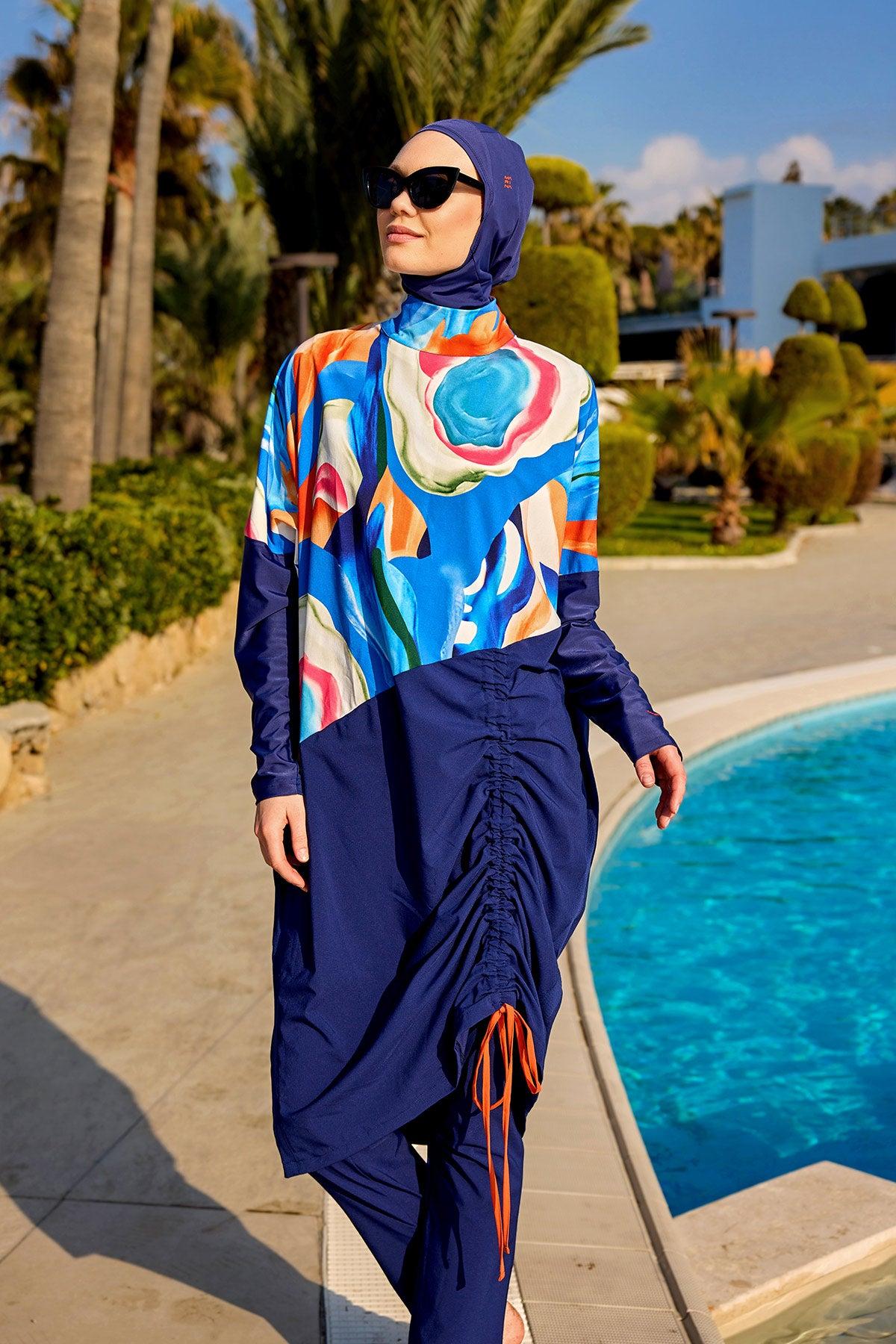 Bescheidener Burkini mit vollständiger Abdeckung – islamisches Badebekleidungsset für Frauen, bunt