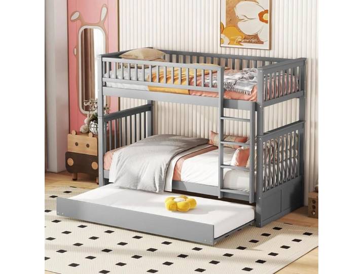 Lit Superpose 90x200 cm Lits d'enfant avec lit gigogne Gris