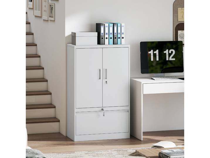 HOMCOM Armoire Bureau Acier Blanc 80x40x130cm avec Tiroir