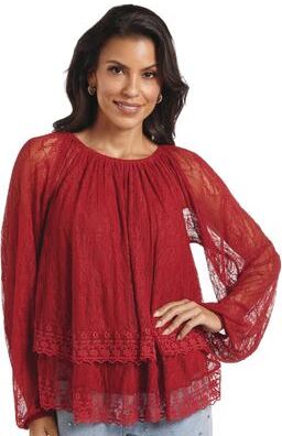 Masseys Tiered Lace Top Casual in Sun/Dried Tomato, Size 3X, Polyester/Spandex