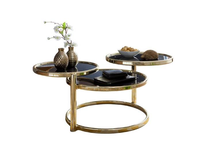 furnicato Couchtisch Beistelltisch 3 Ebenen 139 cm Gold Schwarz (1-St), Schwenkbare Ebenen Couchtisch mit spiegelnden Glasplatten in Gold