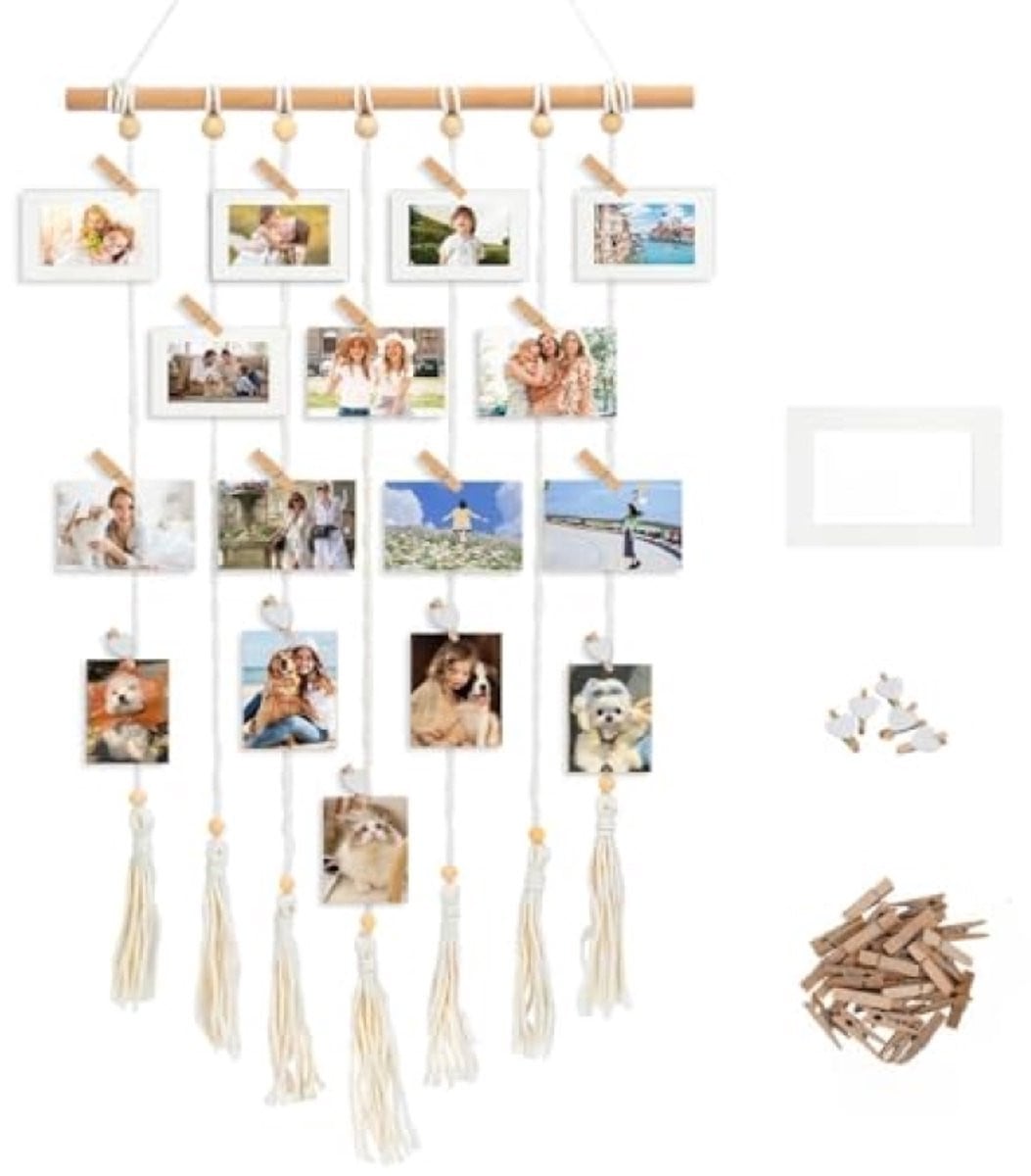 PromoHome Houten Fotocollage Macrame Wanddecoratie met 35 Clips en 5 Papieren Fotolijsten - Boho Hangende Fotohouder voor Muurdecoratie