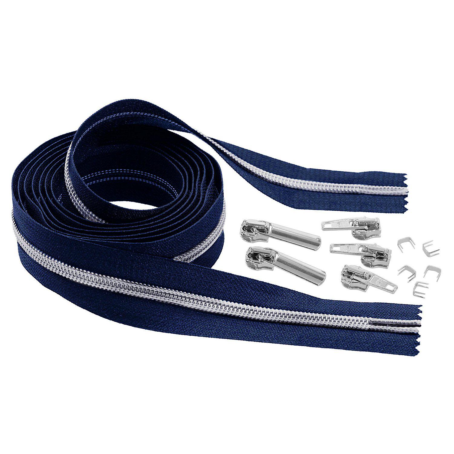 buttinette Endlosreißverschluss im Set, mit silberfarbiger Spirale 6,5 mm, 2 m, marine