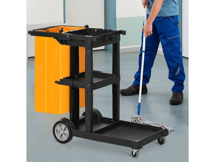 HOMCOM Chariot Nettoyage 3 Étagères avec Sac 100L Noir/Jaune