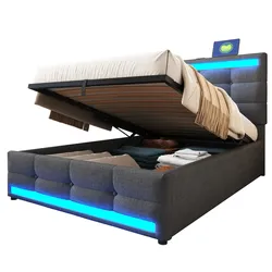 OKWISH Polsterbett 140x200 mit RGB-LED-Beleuchtung und USB-Anschlüssen, verstellbares Kopfteil, modernes Design,  Stoff + Sperrholz, für Schlafzimmer Grau