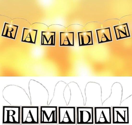 Ramadan lichtketting met houten letters en warm witte LED-verlichting, wit, Lengte: 130 cm