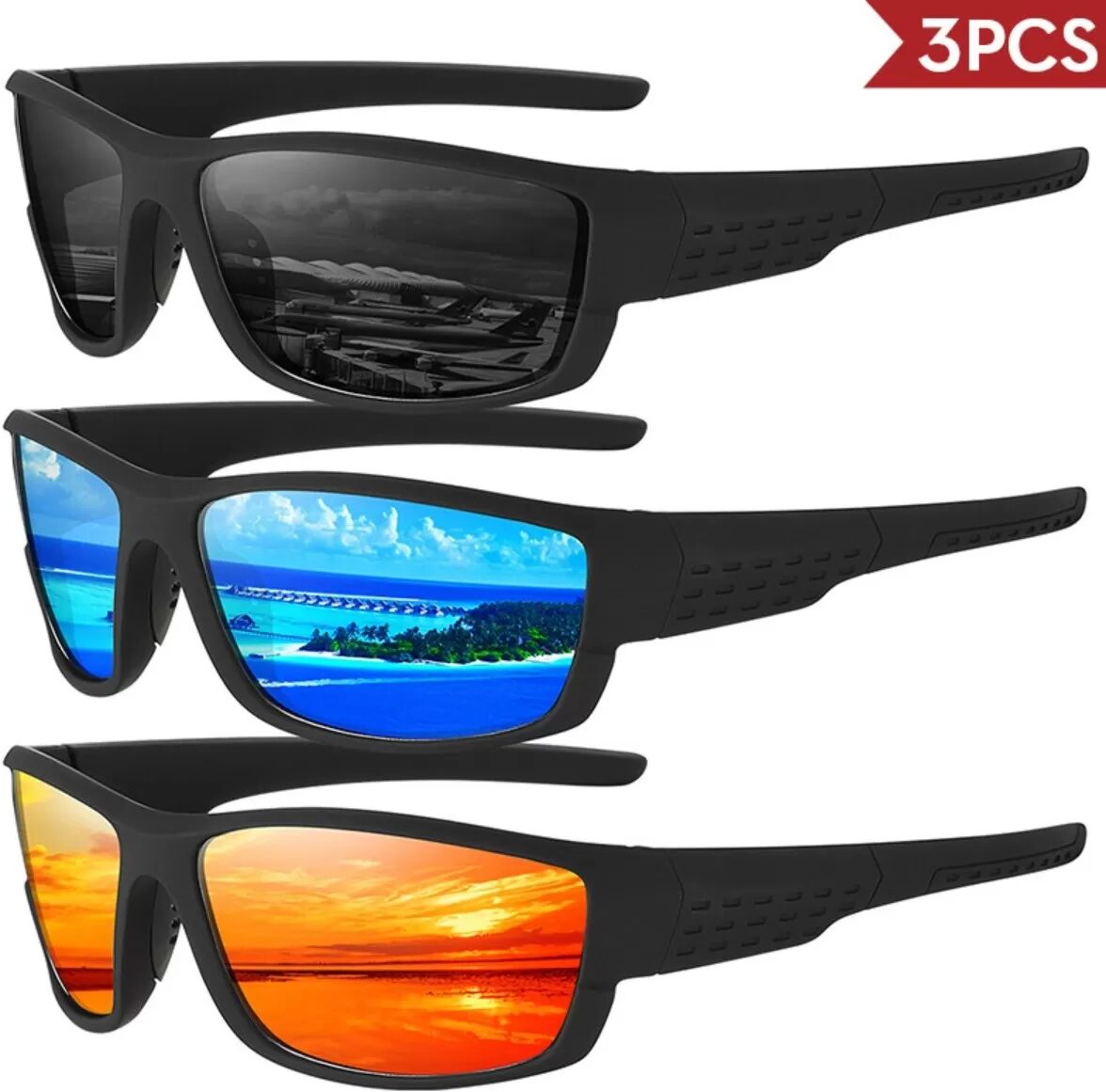 INF Lunettes de soleil polarisées sport Pack de 3 - Monture entière, branches à charnière à ressort, verres PC+TAC (Monture