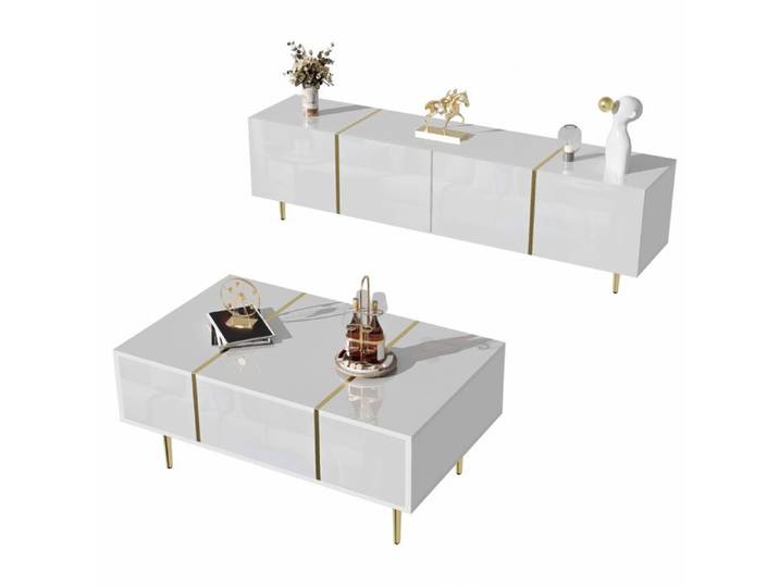 Ensemble meuble TV et table basse modernes blancs laqués offrant un grand espace de rangement