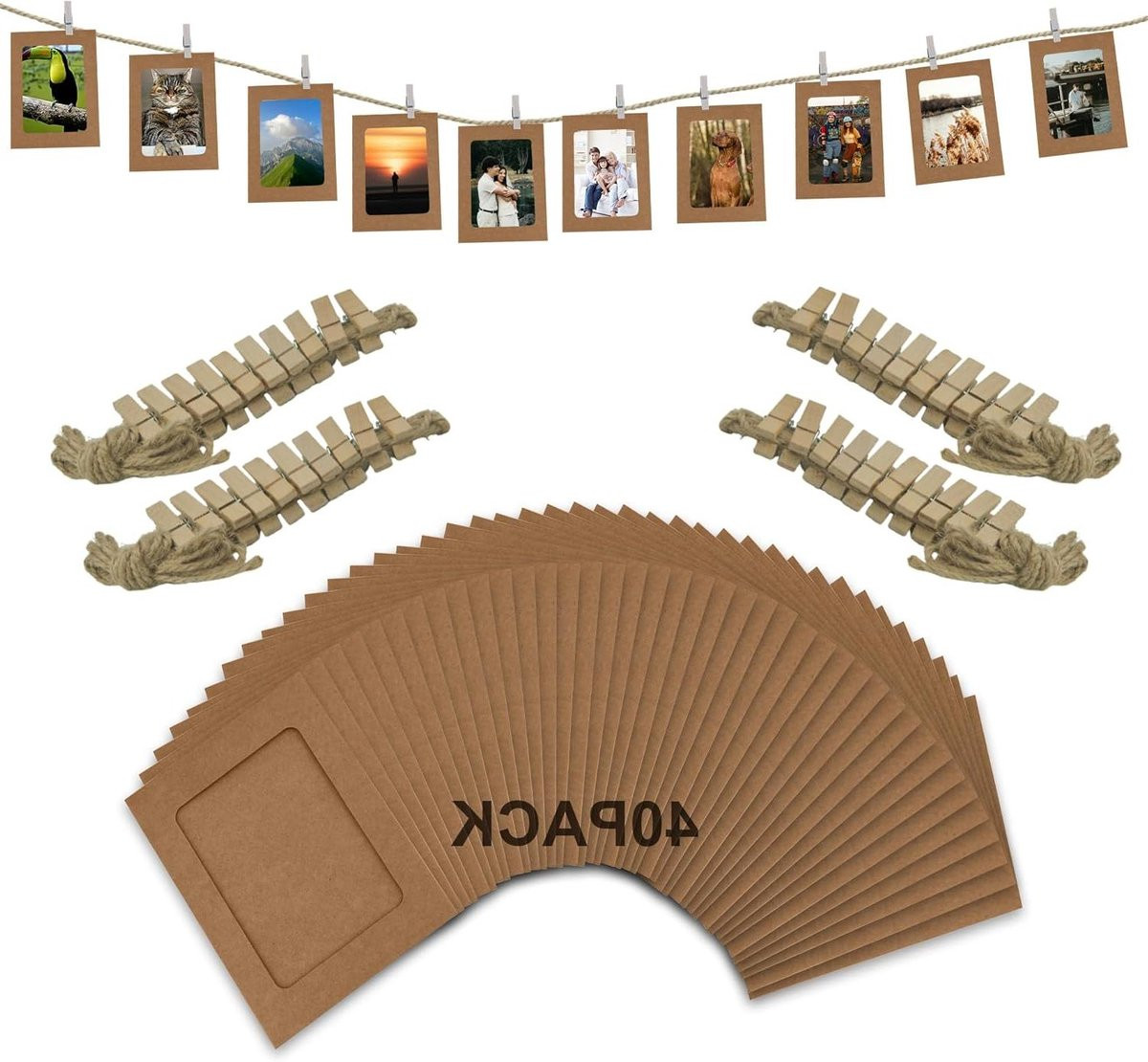Set van 40 bruine papieren fotolijsten met touw en pinnen voor decoratie