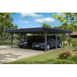 Skan Holz Walmdach Carport 630cm schwarze Blende Gr 2 grau Holzcarport