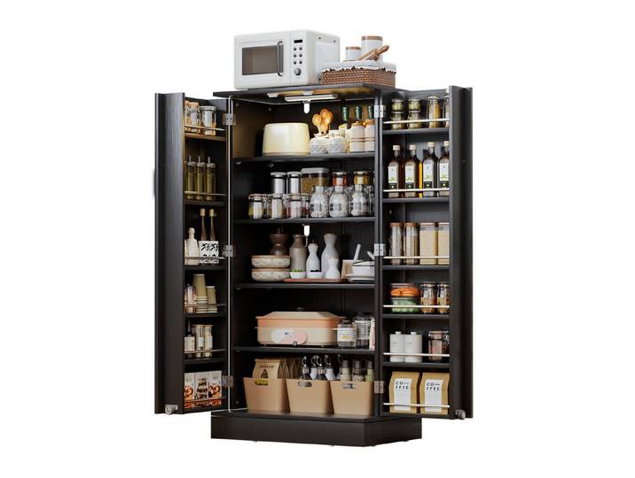 Yorbay Mehrzweckschrank Küchenschrank mit LED-Sensorlicht & höhenverstellbaren Regalen Freistehender Vorratsschrank mit Doppeltüren für Küche & Wohnzimmer