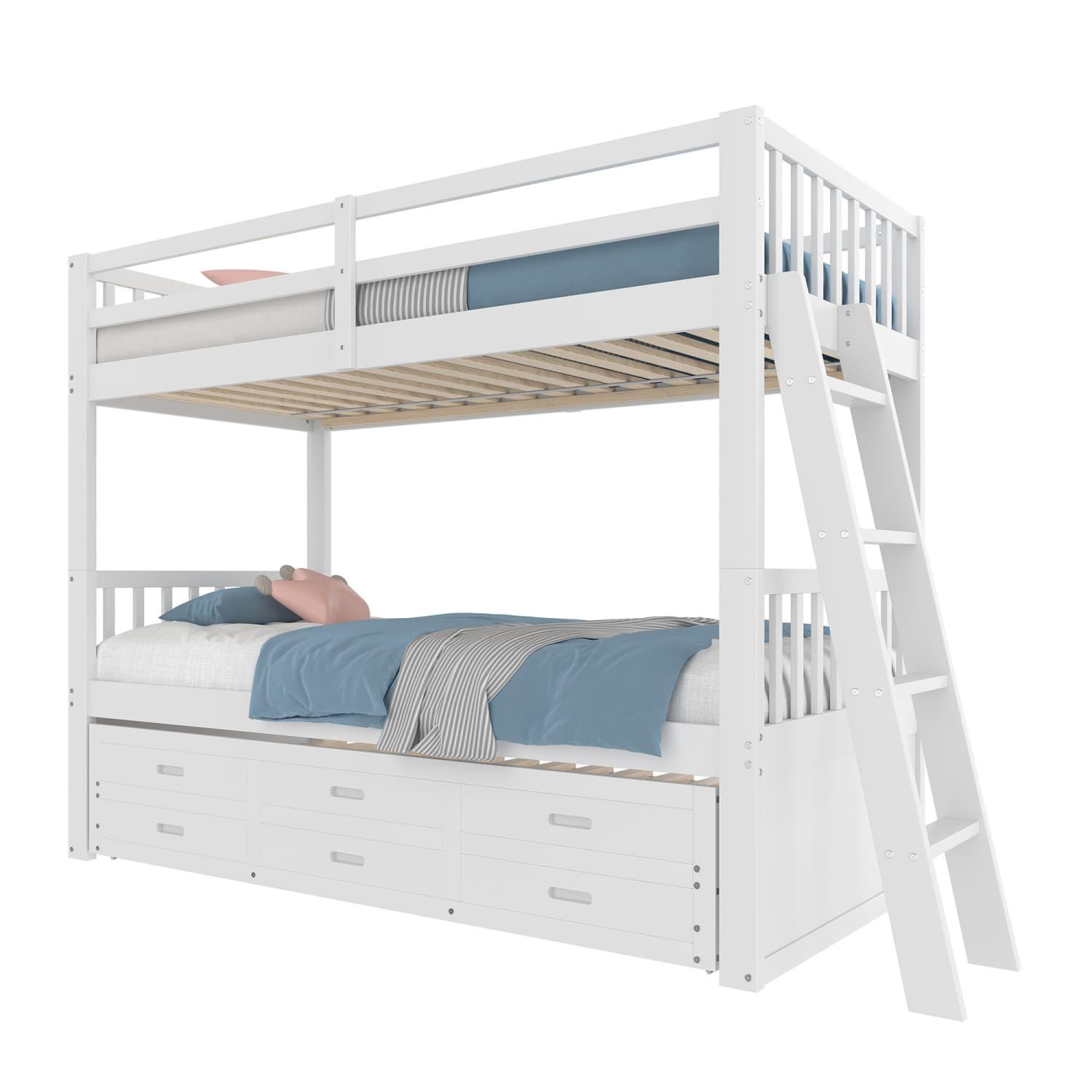 Etagenbett,Kinderbett(Weiß)Hausbett für Mädchen und Jungen,Bettgestell aus Kiefernholz und MDF mit Leiter undausziehbarem Bett und 3 Schubladen