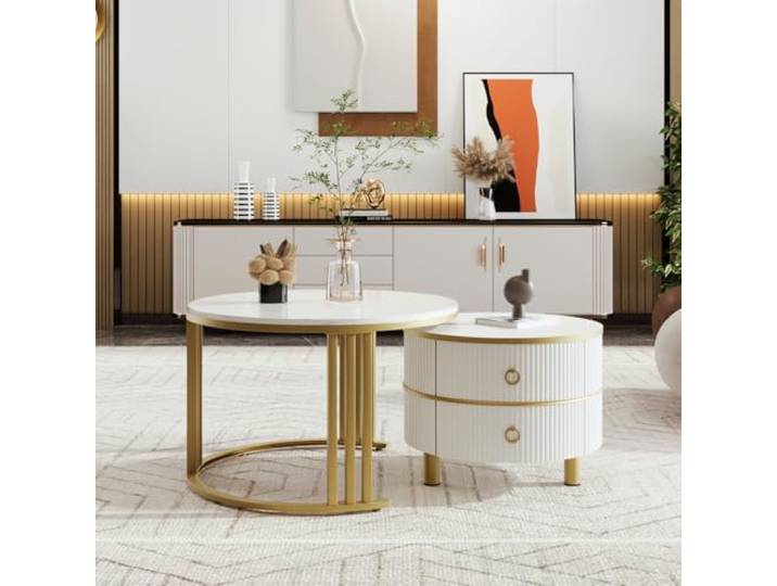 QLTXYHML Couchtisch, rund, 70 x 70 x 46 cm, Marmoreffekt, 2 Schubladen