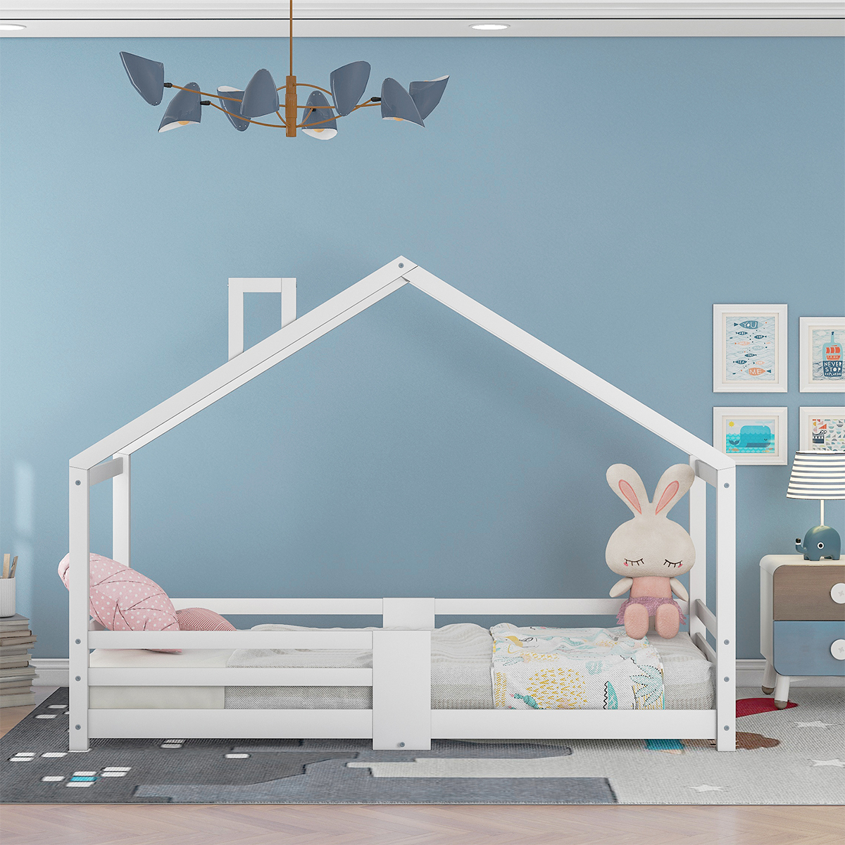 Kinderbett mit Schornstein Rausfallschutz Robuste Lattenroste Bodenbett Hausbett 90x200cm Weiß
