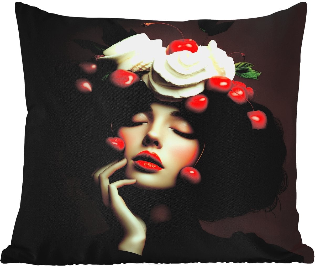 PillowMonkey Sierkussen Buiten Vrouw Kersen Slagroom 60x60 cm Weerbestendig