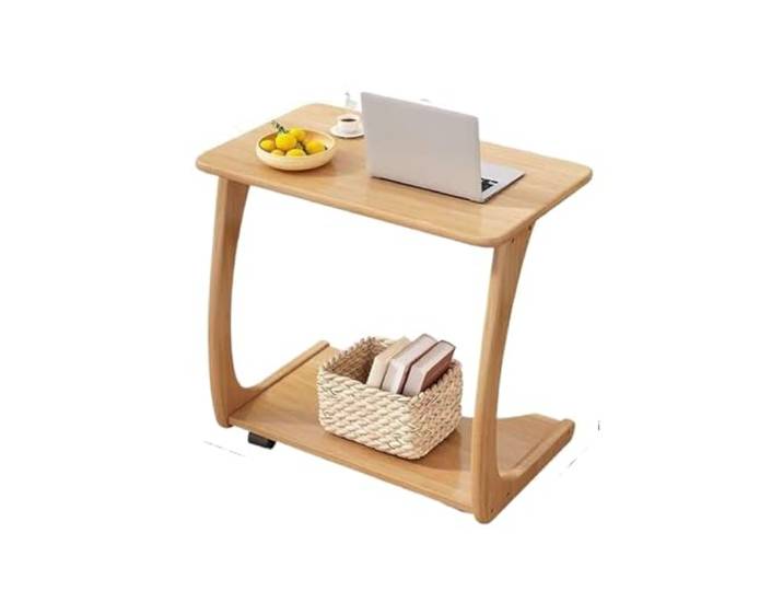 Ayztantine Sofatisch mit Rollen C-Form Solid Wood Mobile Side Table with 360 Degree Wheels