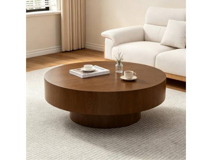 LOVEHOUGES Moderner runder Couchtisch aus Holz in Trommelform Moderner Couchtisch im Mid-Century-Stil mit Sockel, einfach zu montieren, trommelförmiger Couchtisch, für Wohnzimmer
