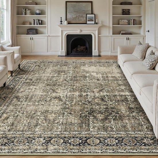 HUGEAR Retro Bruin Vloerkleed met Ethnic Design, Wasbaar en Antislip, 300 x 400 cm