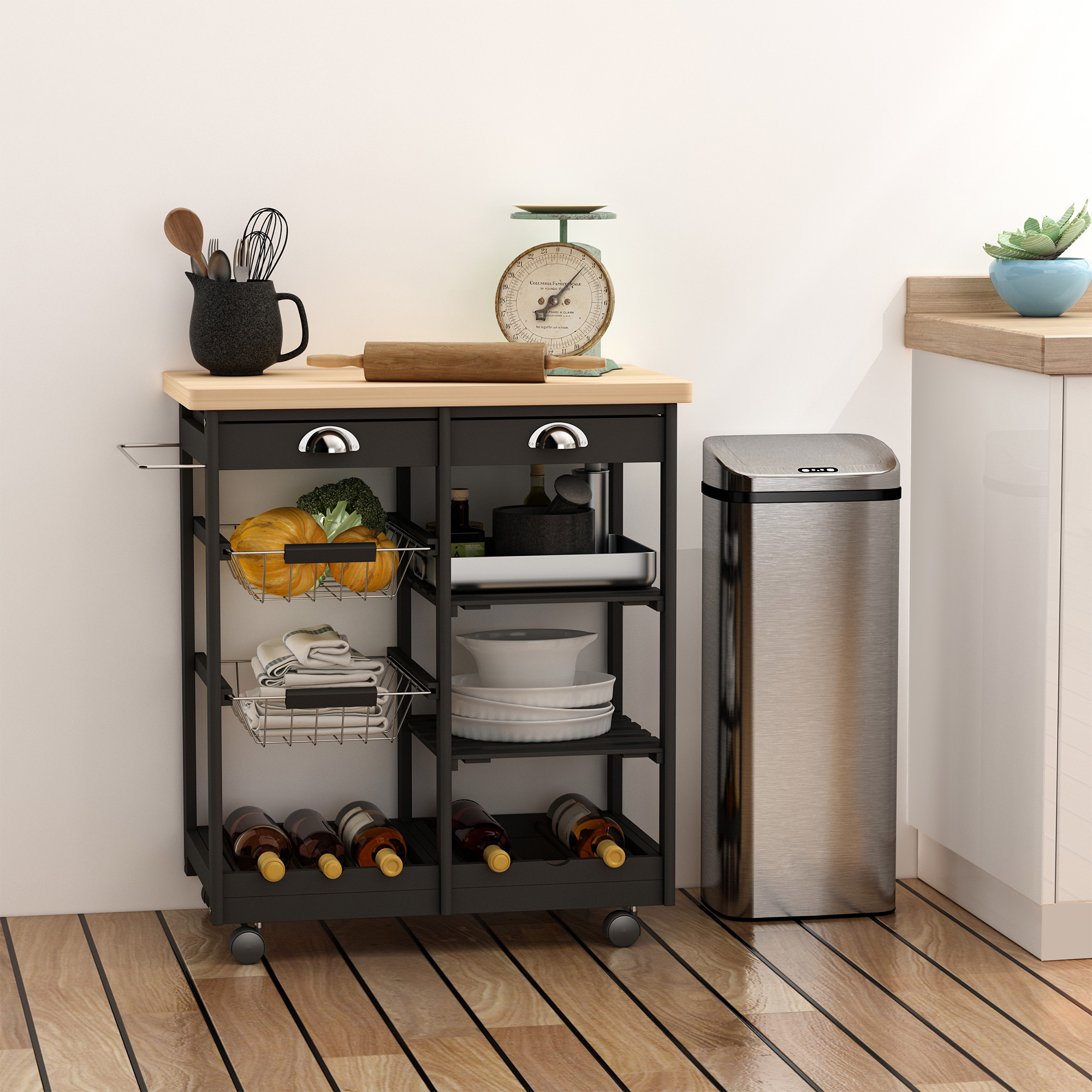 Homcom Carrello Cucina Portafrutta con Ruote Cassetti e Portabottiglie Salvaspazio in Legno MultifunzioneNero 74x37x76cm Aosom