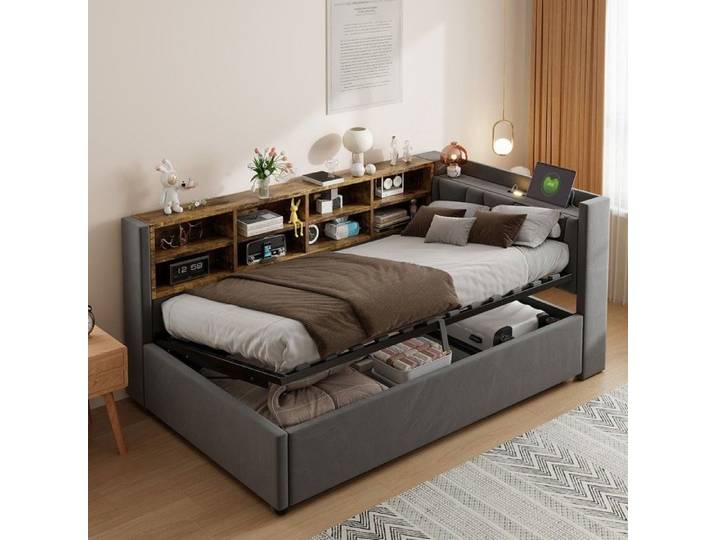 Lit canapé capitonné - PAGE Living - 90x200 cm - Rangement hydraulique - Tête de lit multifonction (veilleuse USB-C)