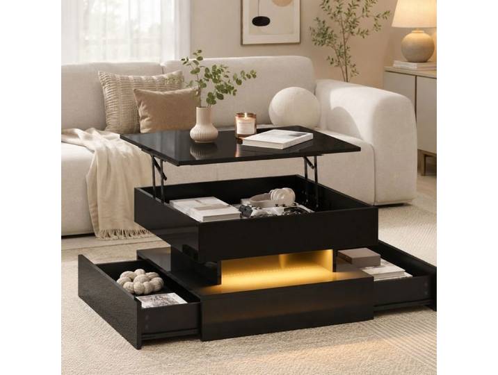 ULSAM Table Basse Carrée Relevable 65x65 cm avec LED 2 Tiroirs Rangement Caché - Noir Brillant